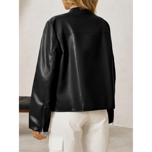 Women's Black Faux Leather Zip Up Moto Biker Y2K Racing Bomber Jackets - Picture 3 of 5